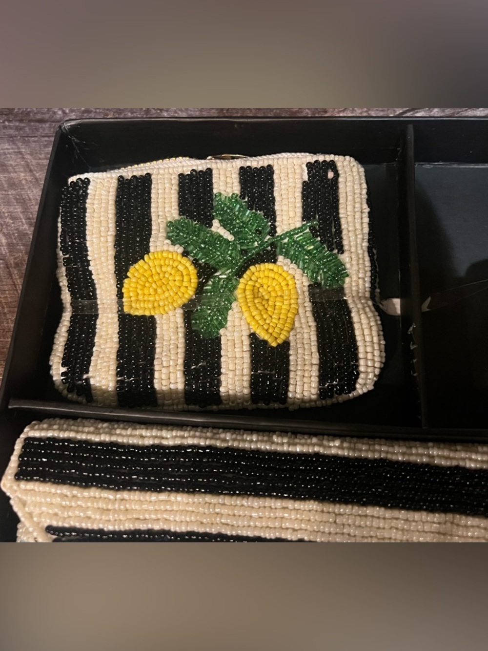 Viral Rachel Zoe Beaded Black White Stripe Clutch with Lemon accessories - Picture 3 of 5
